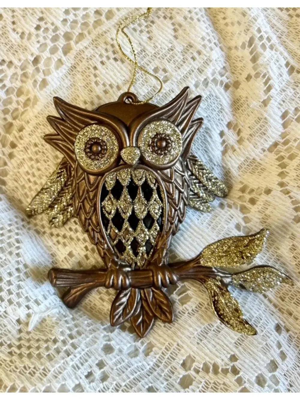 Vintage Owl Ornament with Gold Glitter Accents
